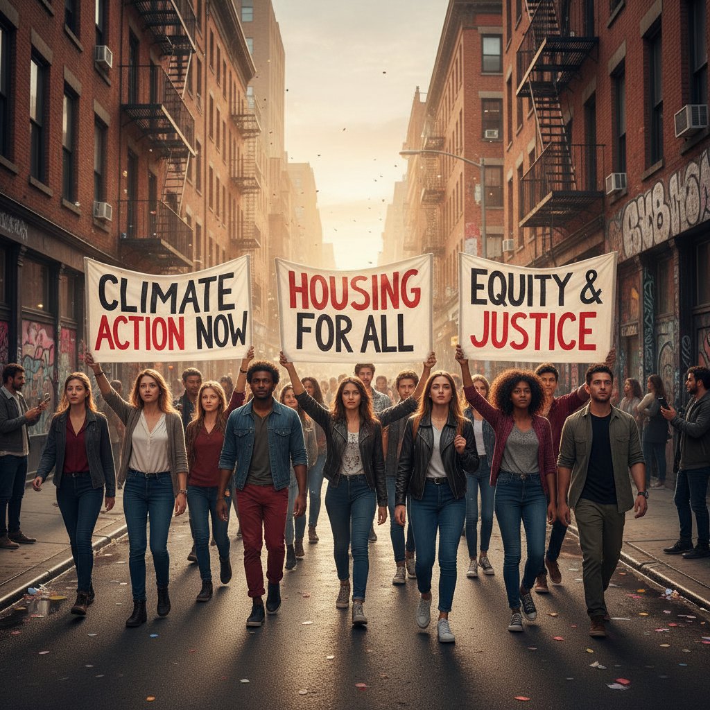 Grupa młodych ludzi zaangażowana w aktywizm społeczny po debatach online, transparenty, miejskie otoczenie
