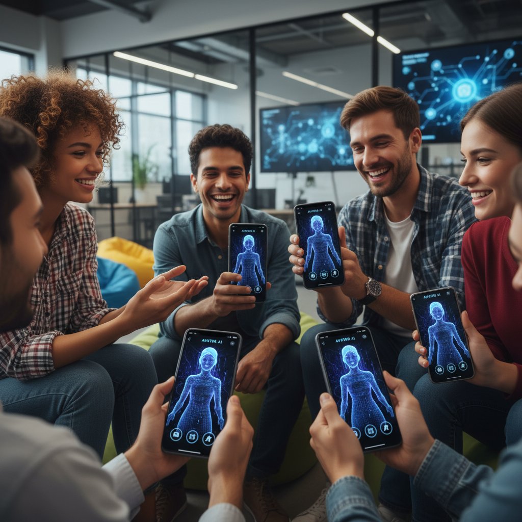 Grupa młodych ludzi rozmawia z cyfrowym avatarem AI w aplikacji mobilnej