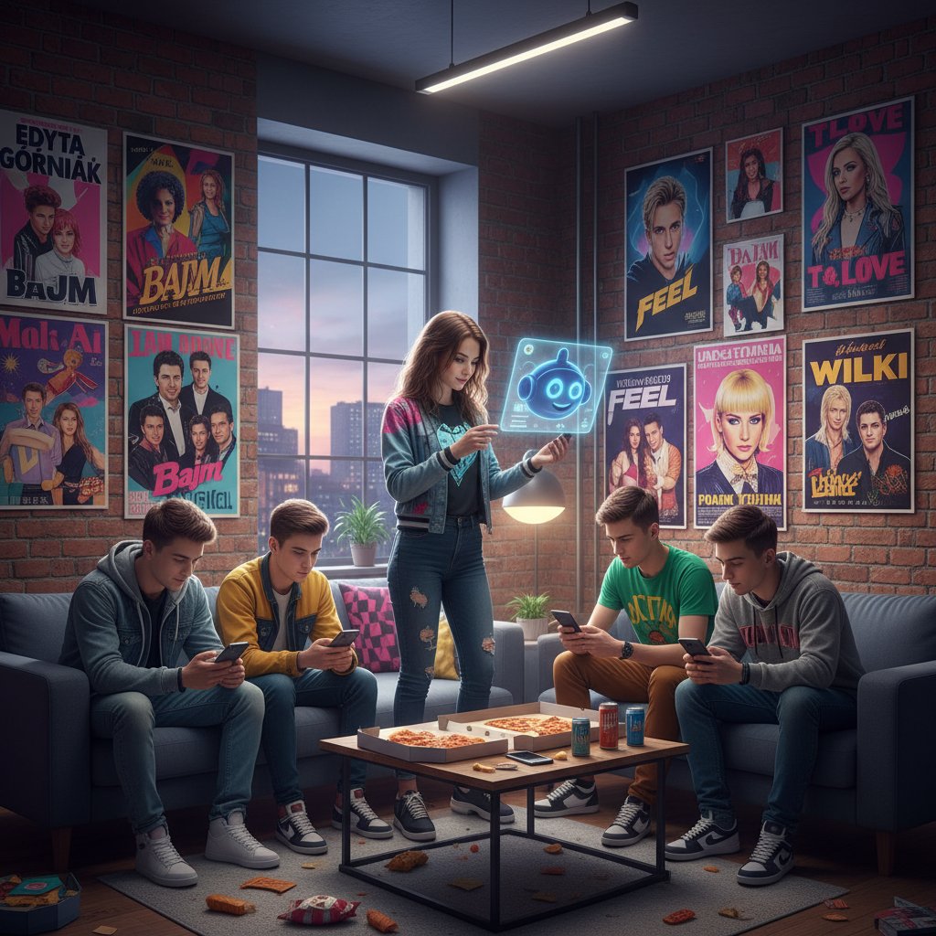 Młodzi ludzie śmieją się podczas wspólnego korzystania z bota AI na smartfonach, w tle polskie plakaty popkulturowe