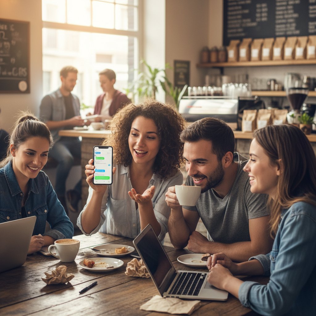 Grupa młodych ludzi korzystających z AI w kawiarni, dynamiczna scena technologicznej codzienności