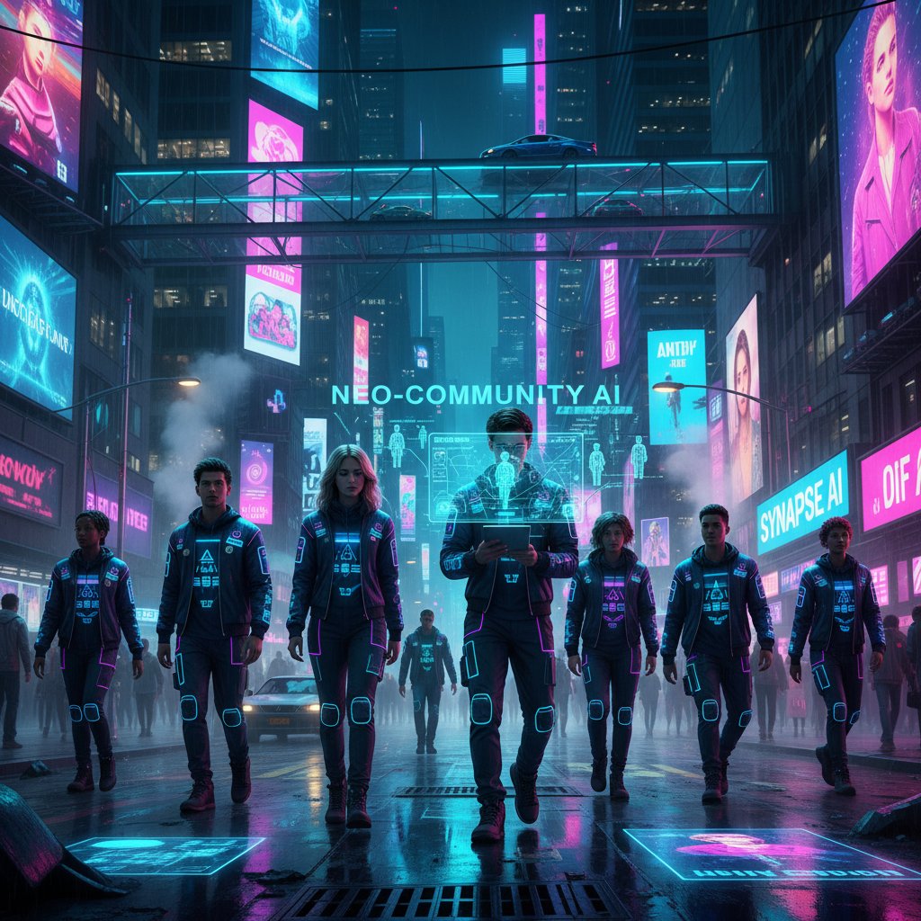 Zespół młodych osób rozmawiających z AI-komunikatorem na telefonach, neonowe światło – przyszłość komunikacji online