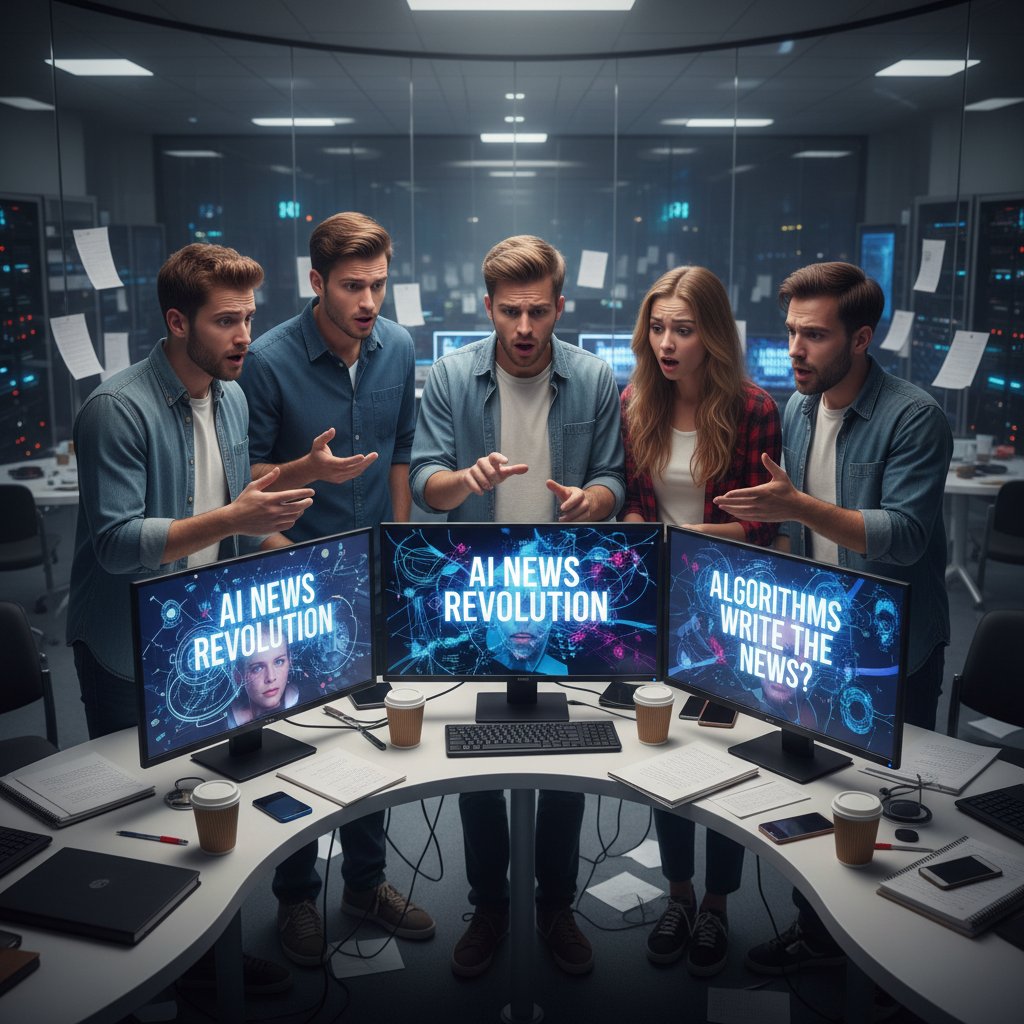 Grupa młodych ludzi śledzących newsy o AI na smartfonach, z dezorientacją na twarzach