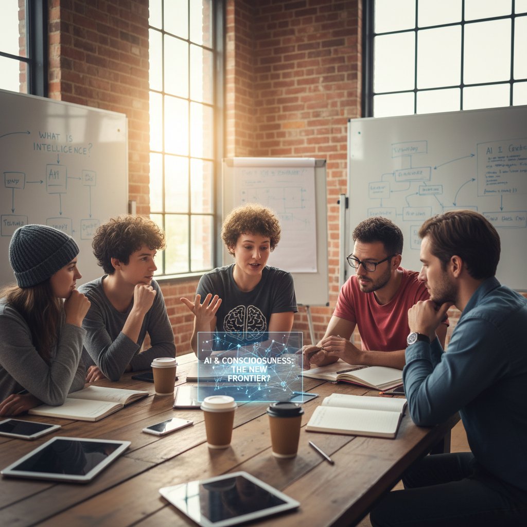 Grupa młodych ludzi dyskutujących o filozofii AI w kreatywnej przestrzeni coworkingowej