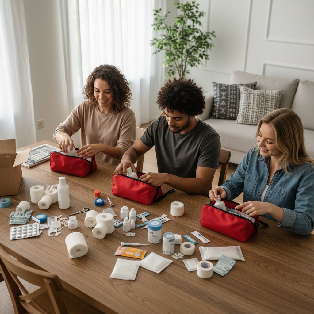 Młodzi ludzie kompletują apteczkę w domu, wspólnie omawiają wyposażenie