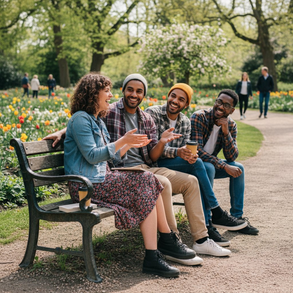 Grupa młodych ludzi siedzących na ławce w parku, rozmawiających, uśmiechniętych, otwarta atmosfera