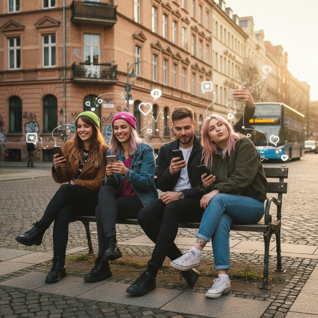Junge Menschen auf Berliner Straße, Smartphones in der Hand, symbolisieren Wandel zur digitalen Liebeskultur