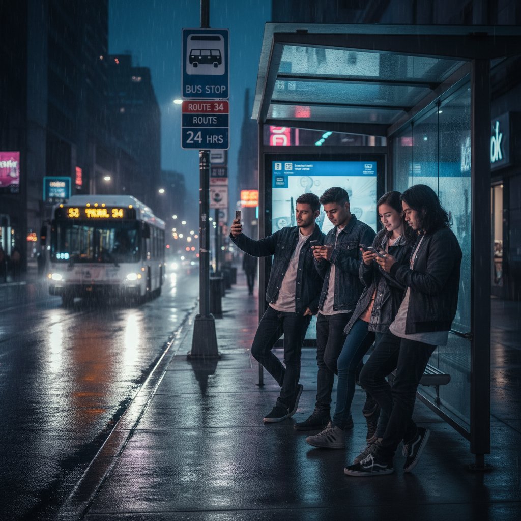 Grupa młodych osób wpatrzona w telefony na przystanku – ilustracja paradoksu hiperpołączenia