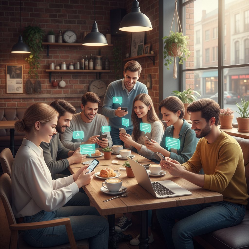 Młodzi ludzie w kawiarni rozmawiają z AI na smartfonach, swobodna i radosna atmosfera