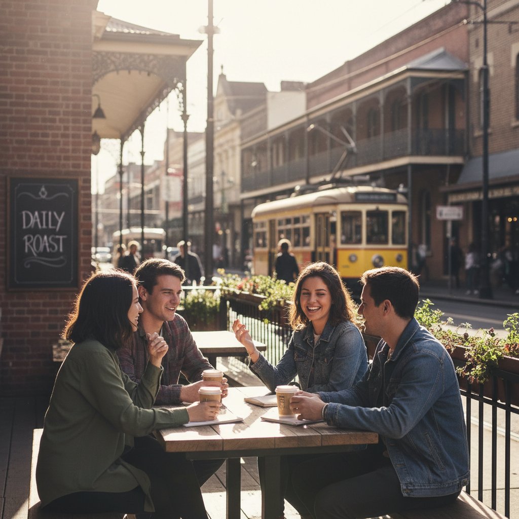 Grupa młodych ludzi dyskutujących w miejskiej kawiarni, symbolizująca zmiany społeczne i zaangażowanie pokoleń