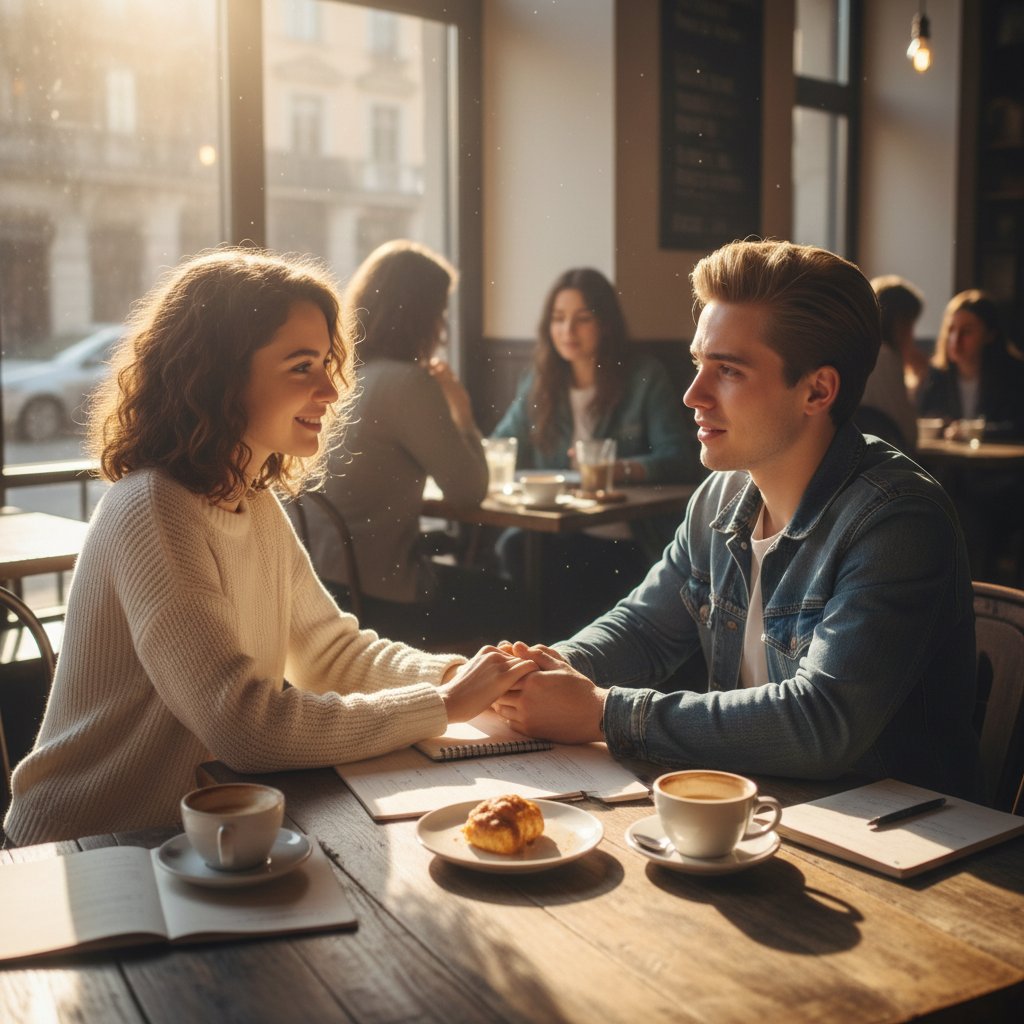 Grupa młodych osób rozmawiających o emocjach w kawiarni, atmosfera akceptacji, jasne światło