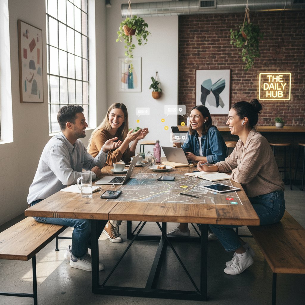 Grupa młodych ludzi w kawiarni, część rozmawia na żywo, część przez aplikacje na telefonie, nowoczesny klimat