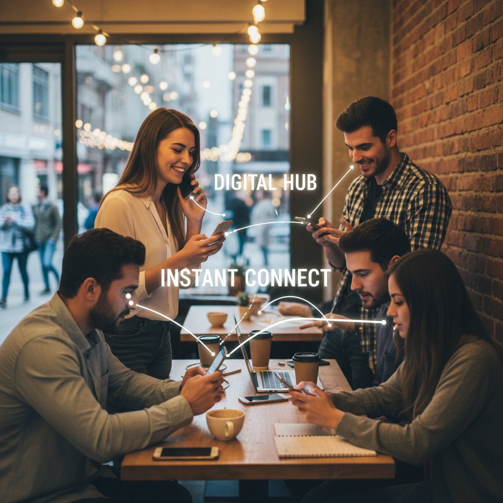 Młodzi ludzie korzystający ze smartfonów w kawiarni, skupieni na ekranach – symbol szybkiego, cyfrowego kontaktu