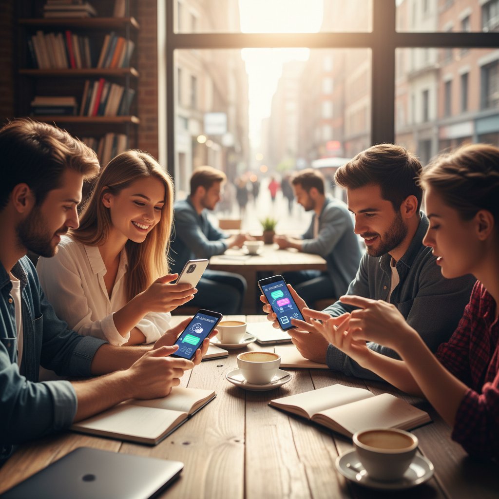 Młodzi Polacy korzystający z character.ai w kawiarni, uśmiechnięci, z telefonami w rękach