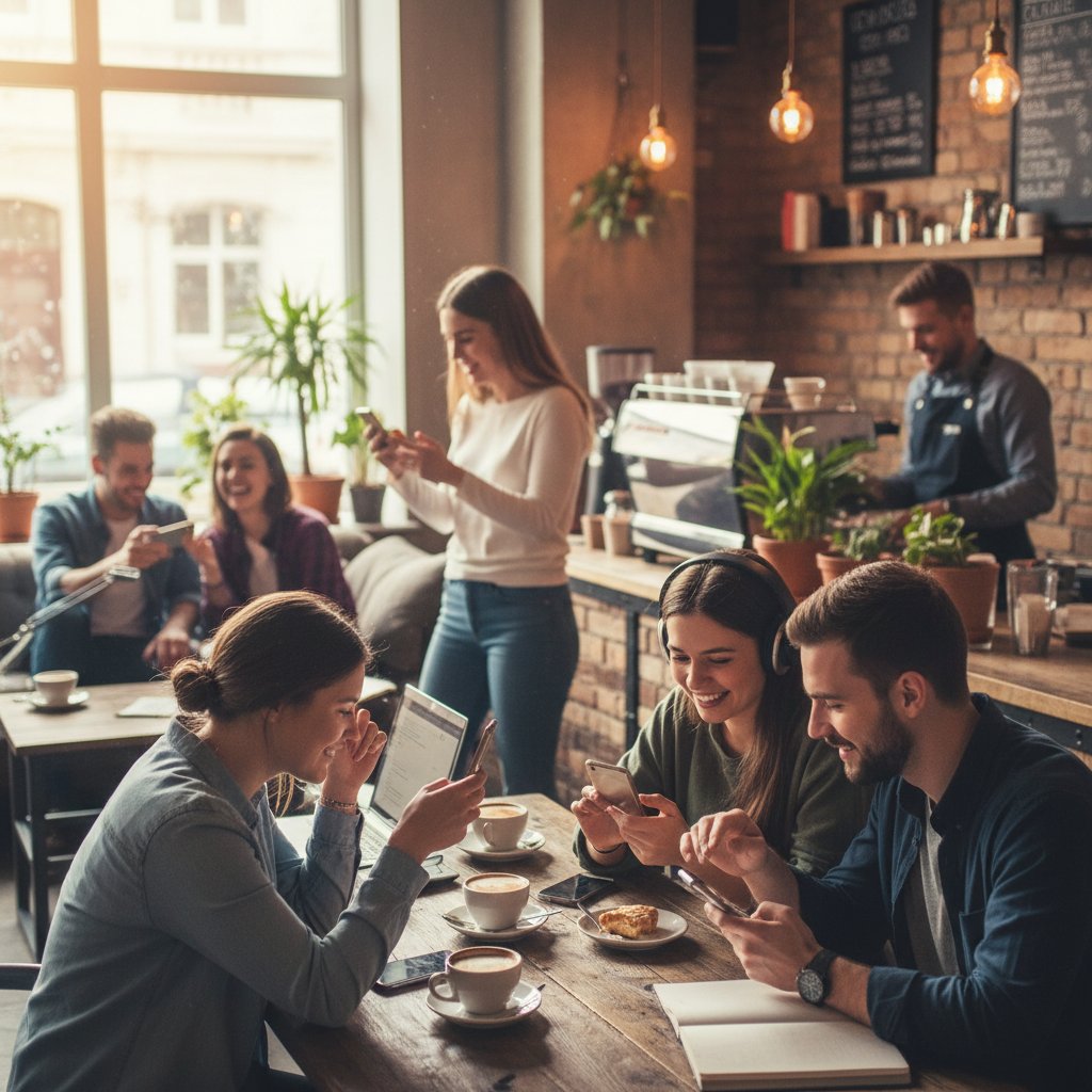 Grupa młodych ludzi siedząca w kawiarni, każdy z telefonem, symbolizująca zmianę relacji społecznych