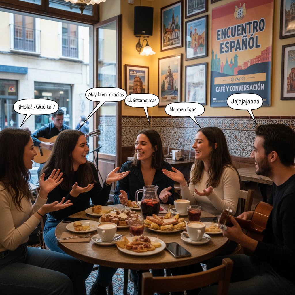 Grupa młodych ludzi rozmawiających po hiszpańsku w kawiarni, z elementami hiszpańskiej kultury