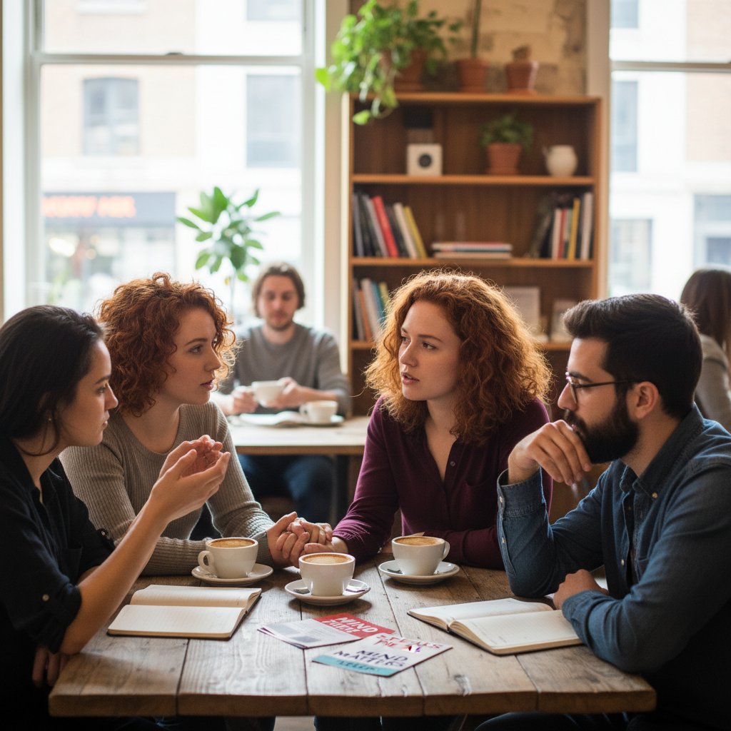 Grupa młodych osób rozmawiająca w kawiarni, atmosfera otwartości i wsparcia społecznego