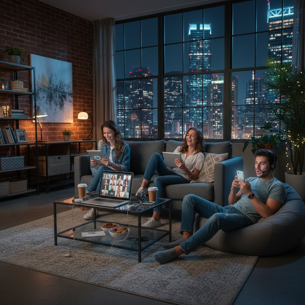 Grupa młodych ludzi rozmawia przez komunikator, każdy w swoim mieszkaniu, nocą