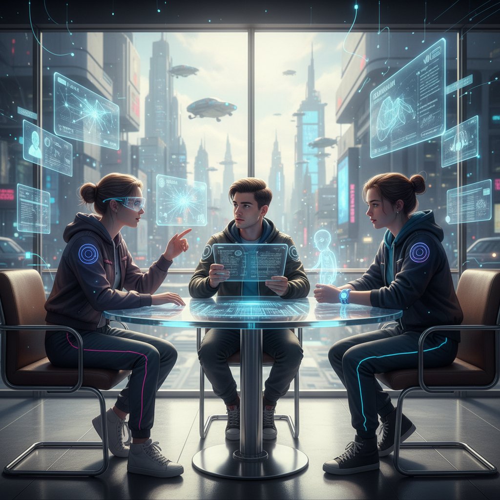Młodzi ludzie rozmawiający z botami w rzeczywistości rozszerzonej, słowa kluczowe: AI rozmowy, młode pokolenie, technologia przyszłości