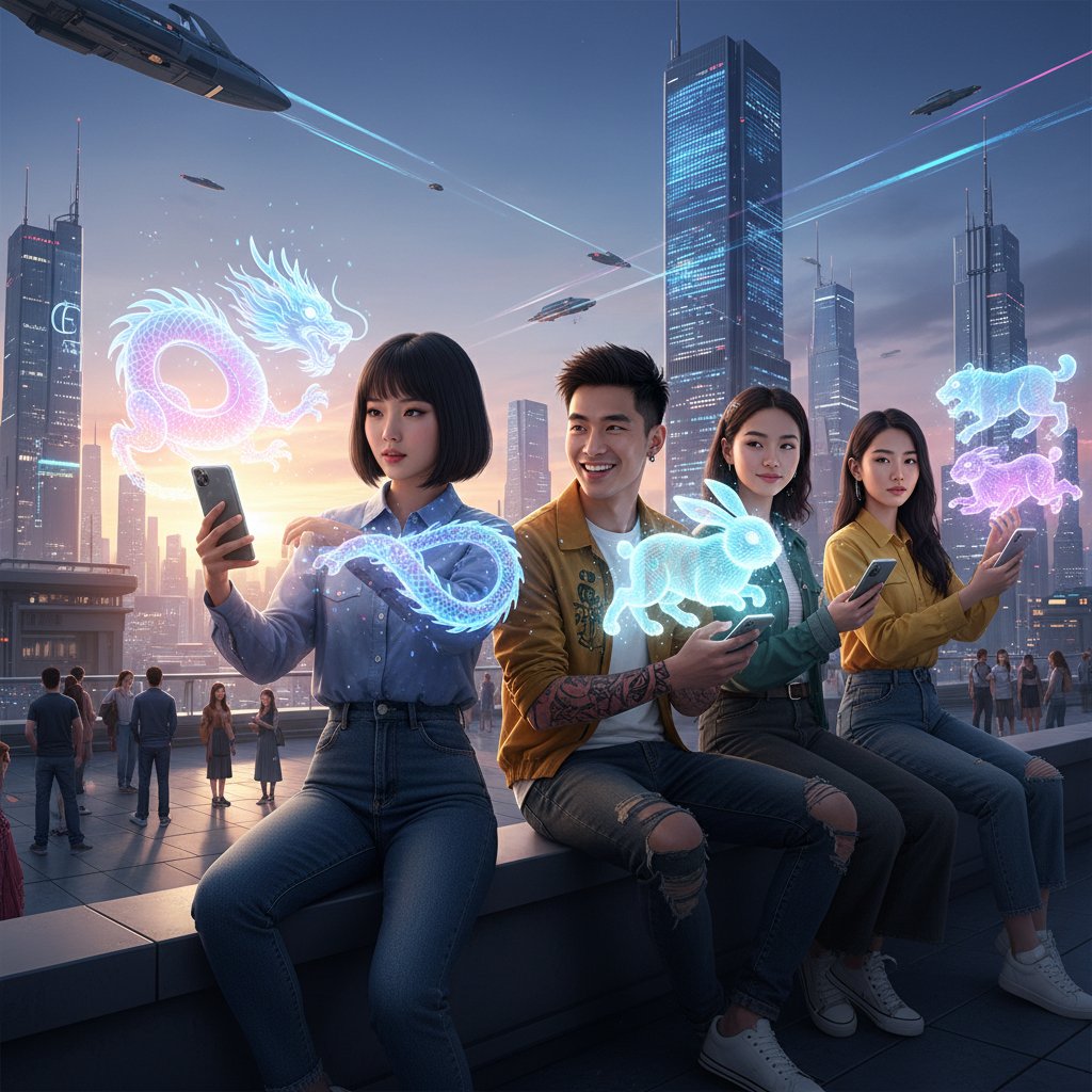 Młodzi ludzie skanujący chińskie znaki zodiaku smartfonami