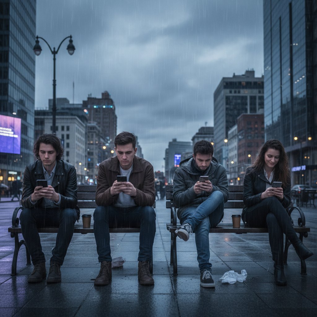 Grupa młodych osób siedzi razem, patrzą w telefony, różne emocje na twarzach, klimat miasta