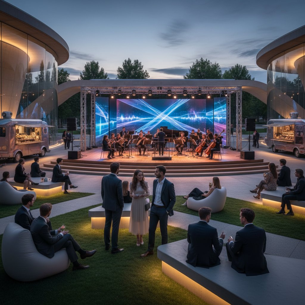 Młodzi uczestnicy koncertu muzyki klasycznej na plenerze, nowoczesny styl