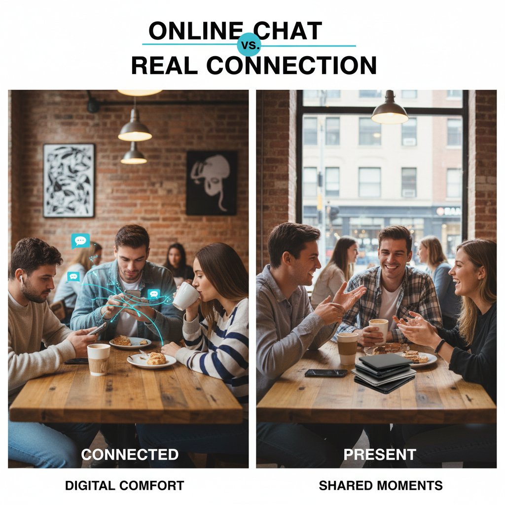 Młodzi ludzie porównują relaks przy kawie i rozmowy przez internet