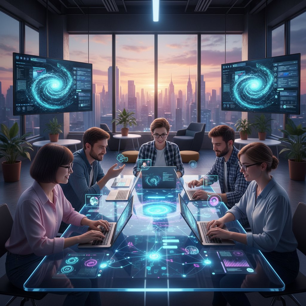 Grupa młodych ludzi przy komputerach, współpracujących na nowoczesnej platformie online