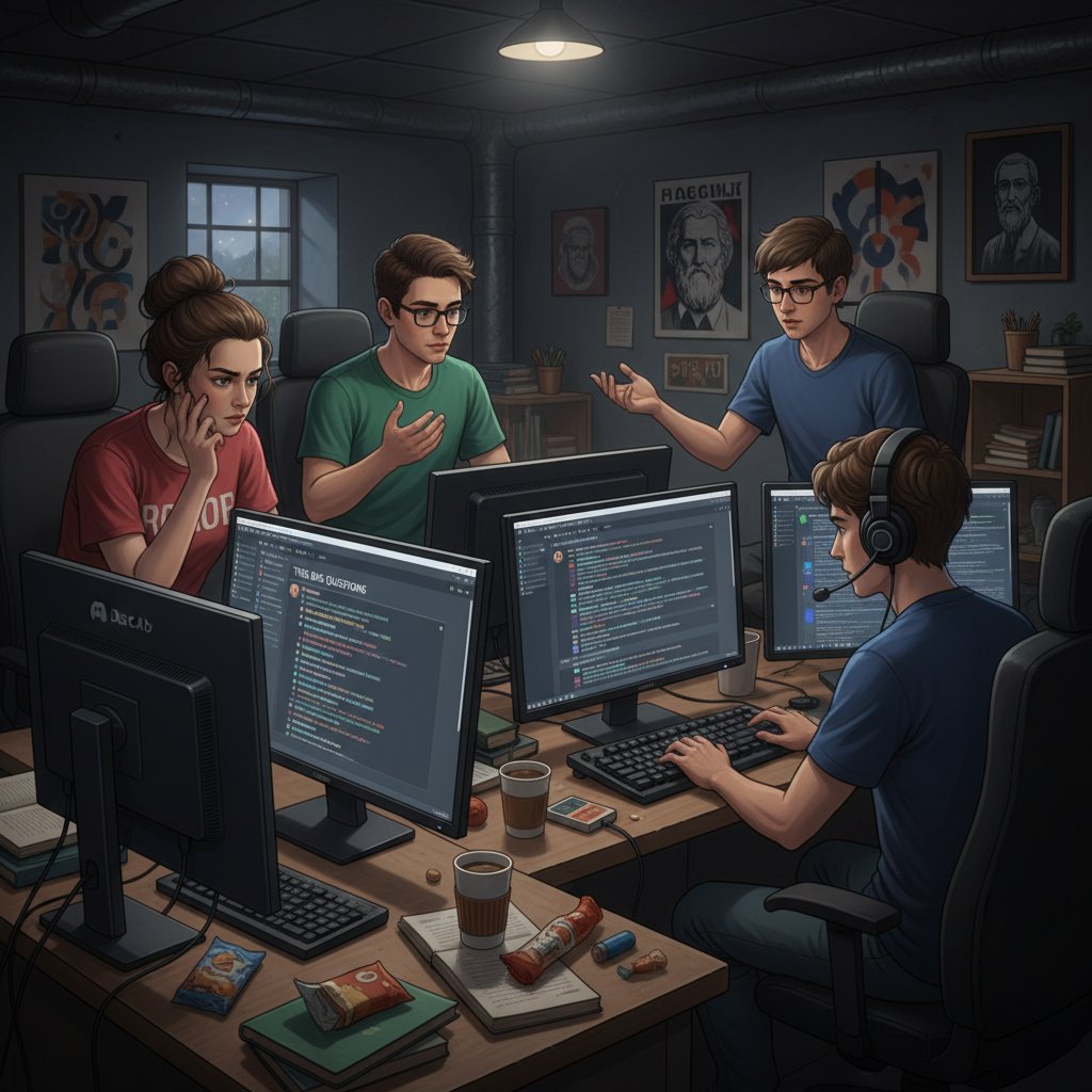 Grupa osób przy komputerach podczas filozoficznej debaty na Discordzie