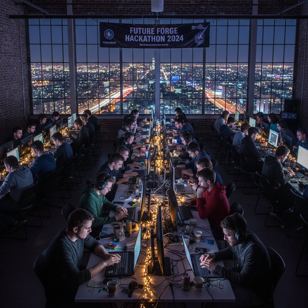 Grupa młodych osób przy komputerach, noc, światła miasta, atmosfera hackathonu