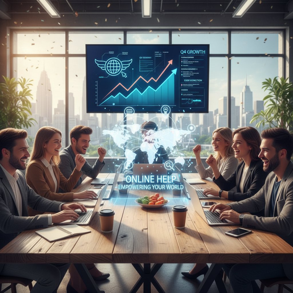 Grupa młodych ludzi przy komputerach, intensywna współpraca, sukces projektu startupowego dzięki pomocy online