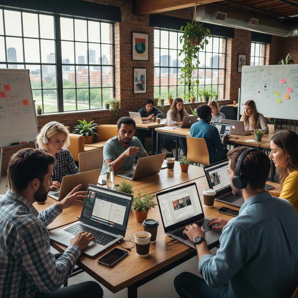 Młodzi ludzie pracujący w coworkingu, laptopy, notatki, cyfrowa współpraca, ilustracja nowoczesnych modeli nauki