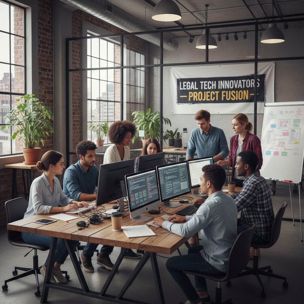 Zespół młodych ludzi pracujących nad projektem legal tech w coworkingu