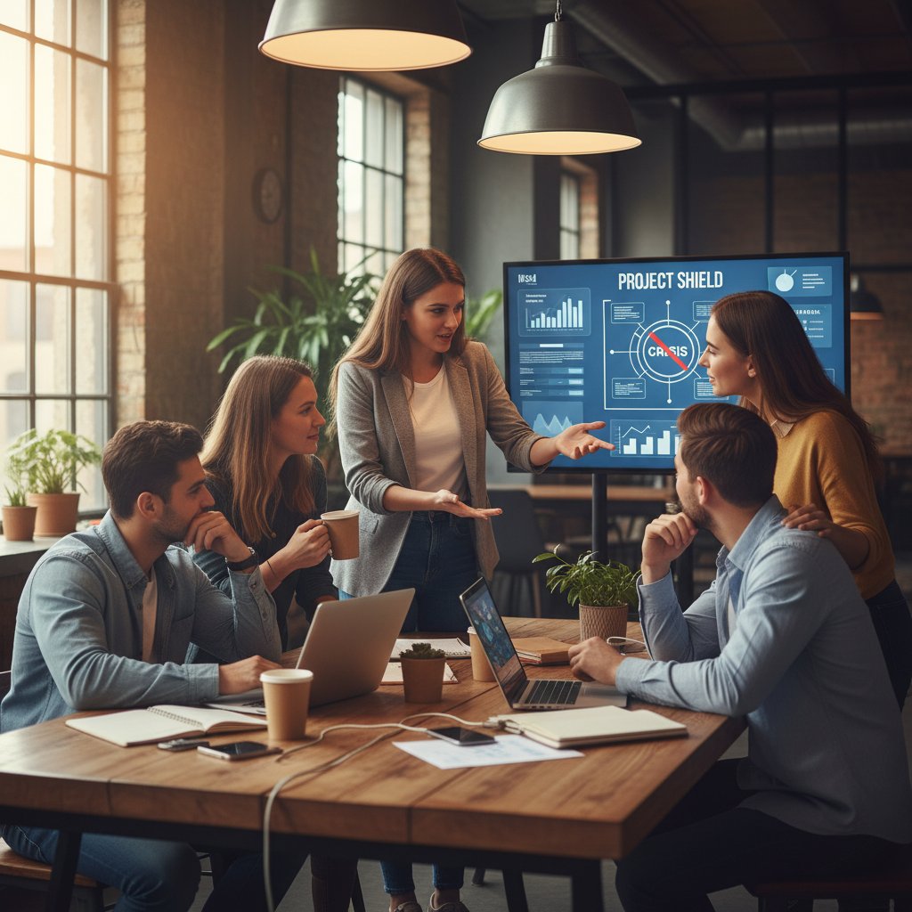 Grupa młodych osób w przestrzeni coworkingowej pracująca nad projektem społecznym wspierającym osoby w kryzysie