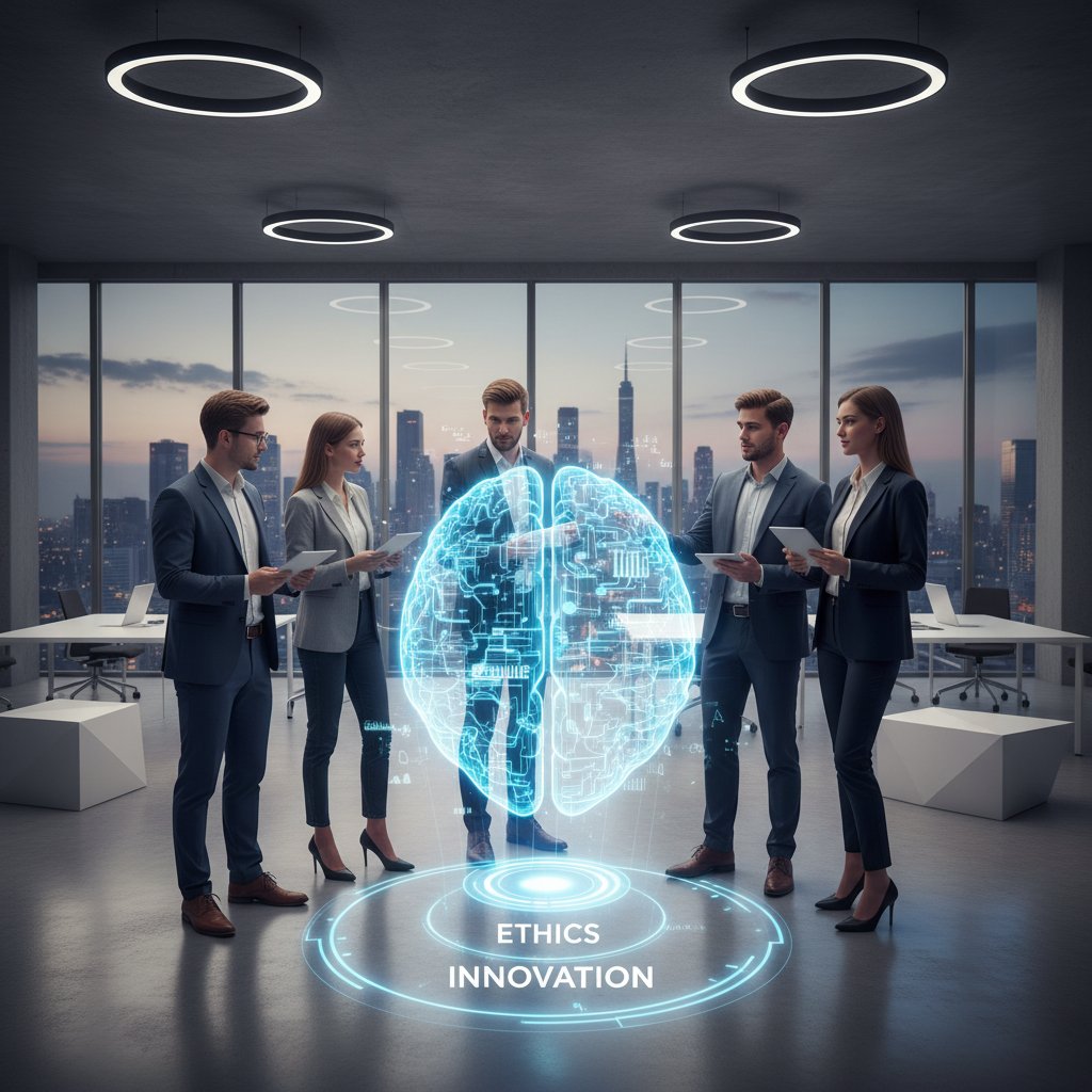 Młodzi ludzie debatują z hologramem AI w nowoczesnym biurze