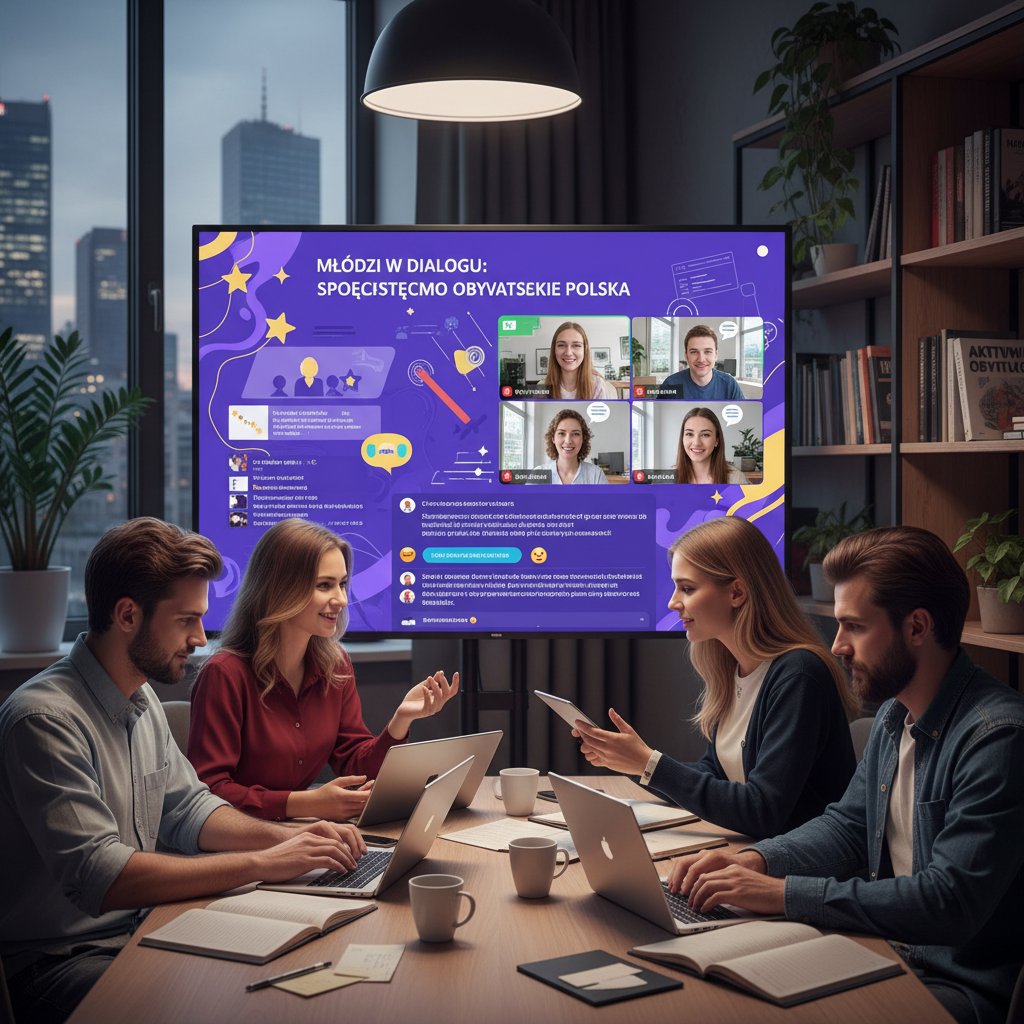 Grupa młodych ludzi uczestniczących w debacie online o społeczeństwie obywatelskim