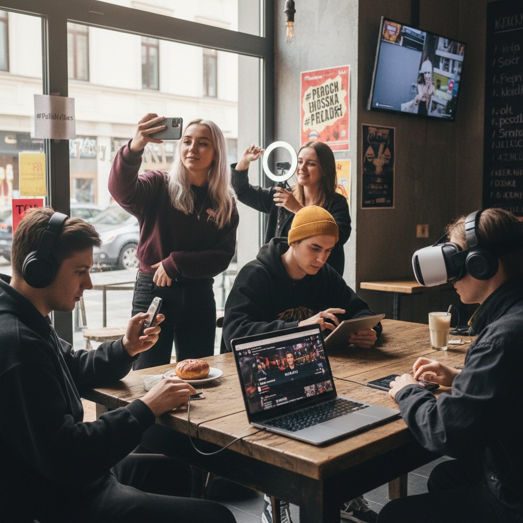 Grupa młodzieży rozmawiająca na różnych urządzeniach, obraz współczesnych trendów