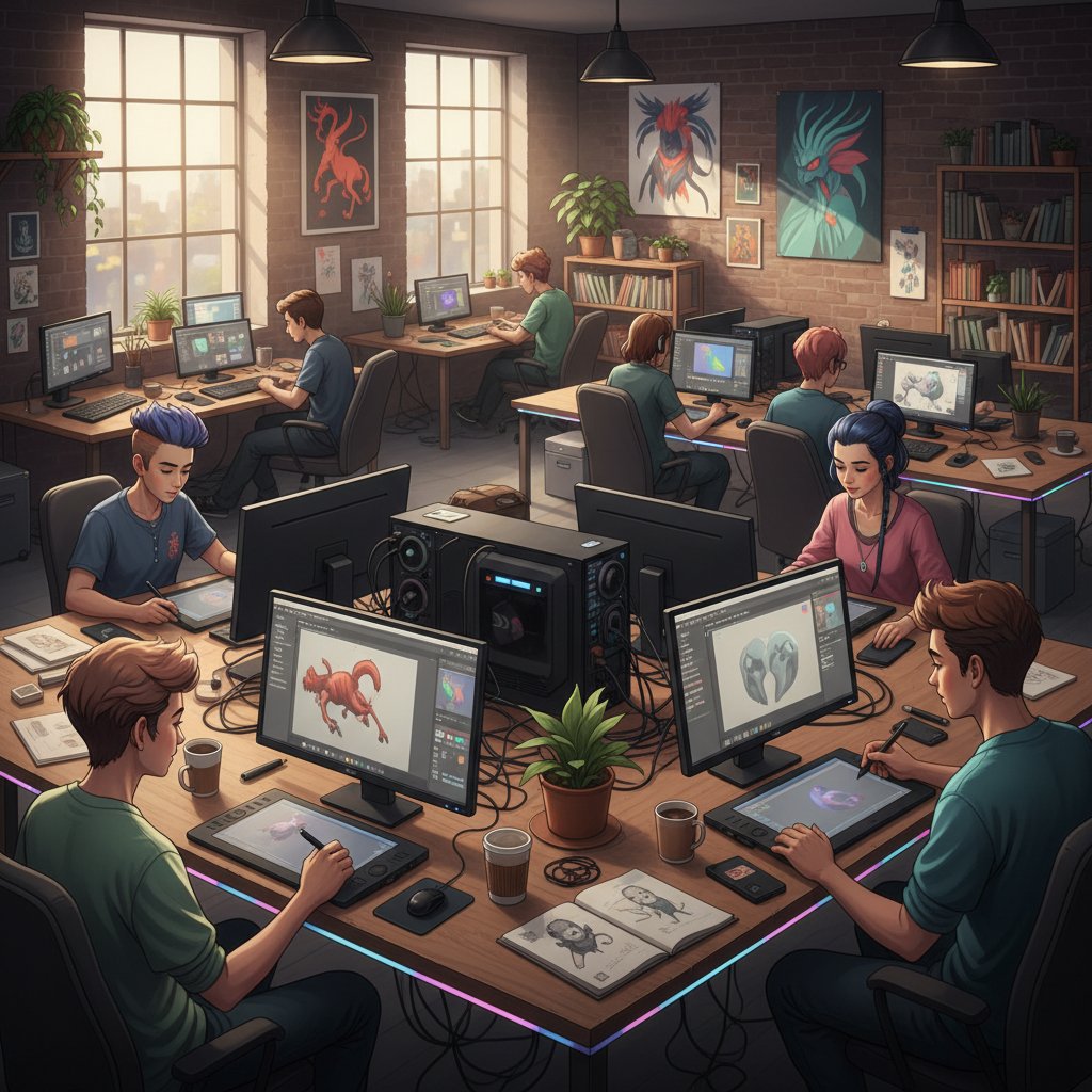 Grupa młodych ludzi w cyfrowej pracowni artystycznej, korzystających z tabletów i komputerów