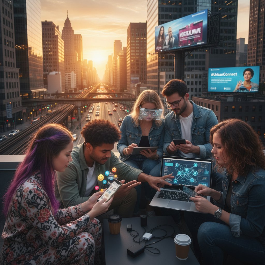 Junge Menschen tauschen sich digital aus, Gruppe in urbaner Umgebung, Smartphones und Laptops, Symbol für neue digitale Gesellschaft