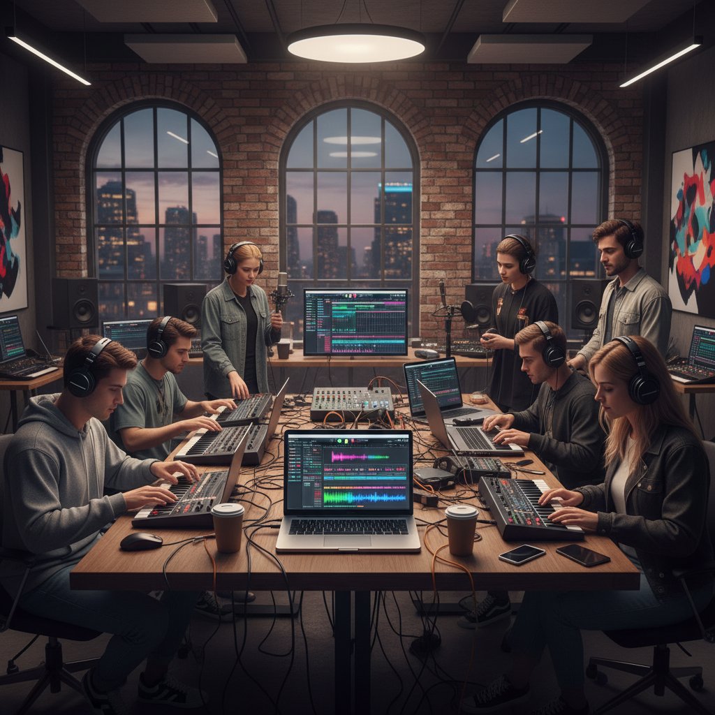 Młodzi ludzie tworzą muzykę cyfrowo z laptopami i słuchawkami w miejskim studio, rewolucja form muzycznych online