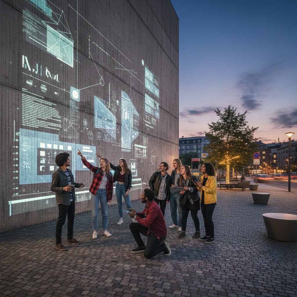 Grupa młodych ludzi realizująca projekt cyfrowy w przestrzeni miejskiej