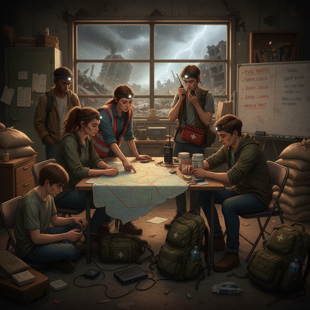 Grupa młodych ludzi oglądających film katastroficzny, zainspirowani do rozmowy o scenariuszach awaryjnych