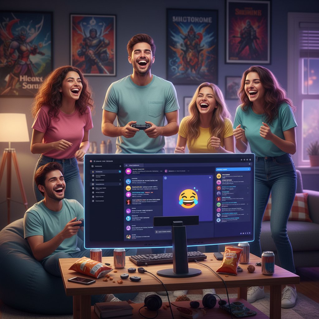 Grupa młodych ludzi przed komputerami, śmiejąca się podczas rozmowy na Discordzie