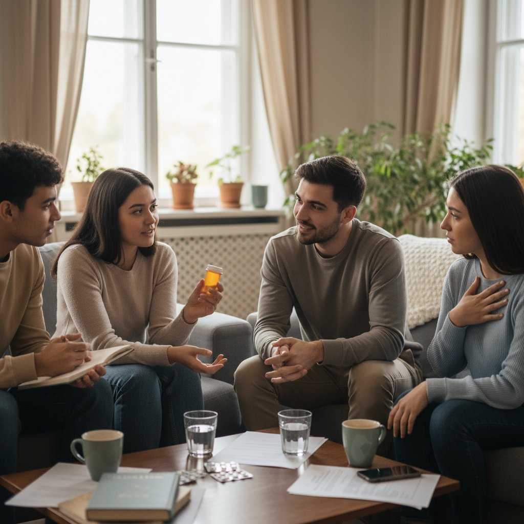 Grupa młodych osób dyskutujących o lekach i zdrowiu psychicznym, autentyczna atmosfera