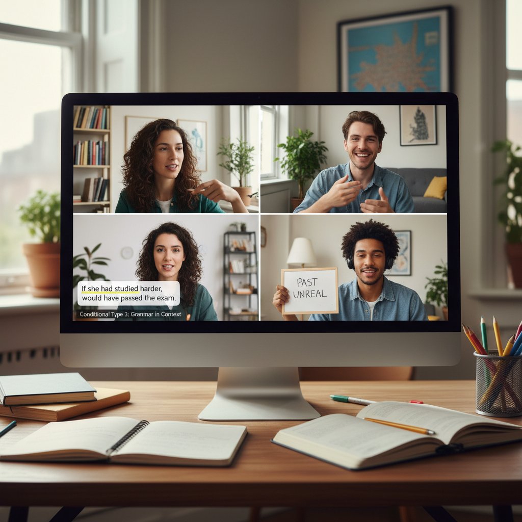 Młodzież rozmawiająca po angielsku podczas spotkania online