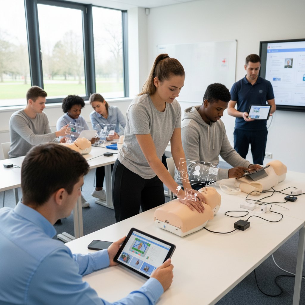 Grupa młodych ludzi uczących się pierwszej pomocy z pomocą tabletu i aplikacji