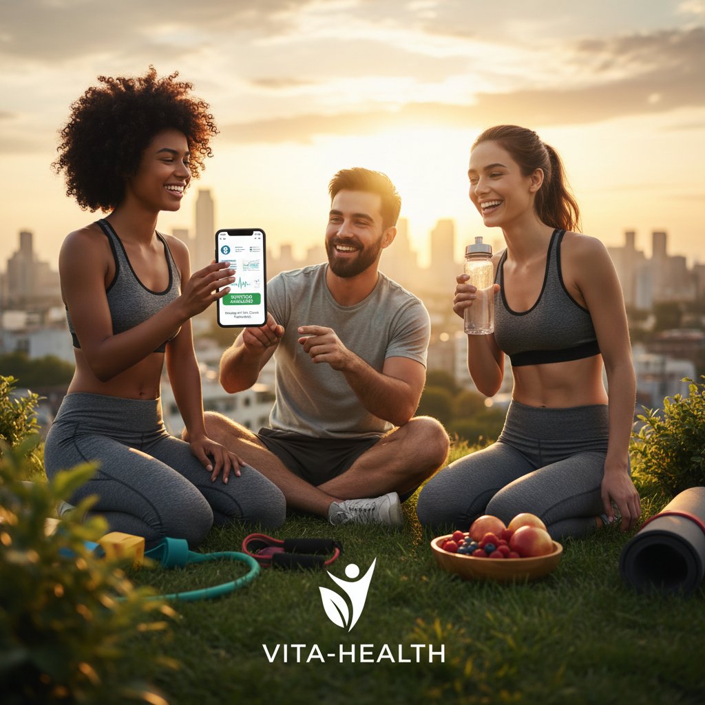 Grupa młodych ludzi korzystających z aplikacji fitness na świeżym powietrzu, zdrowy styl życia