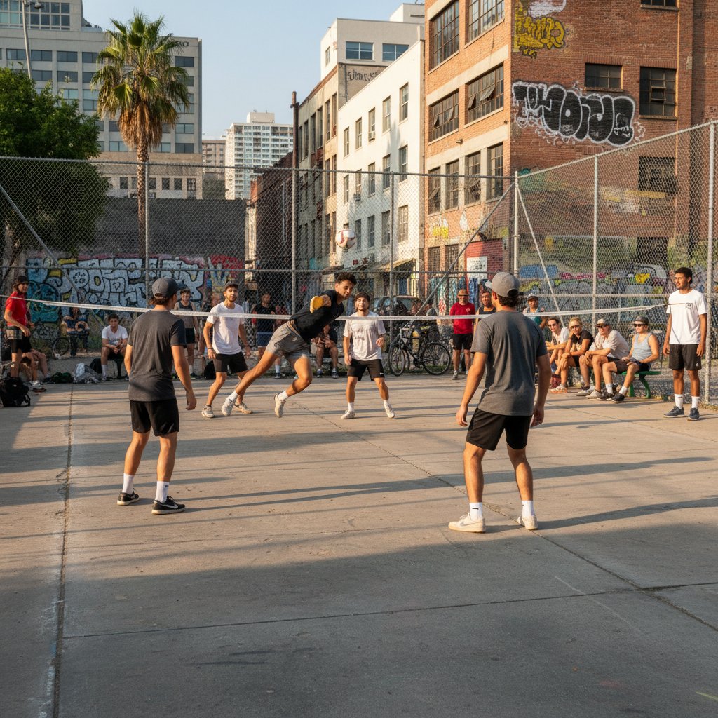 Młodzi ludzie grają w footvolley na miejskim boisku, alternatywne sporty miejskie