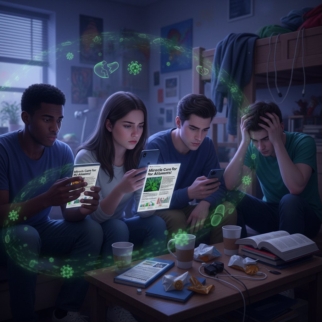 Młodzi ludzie sprawdzający informacje o zdrowiu na smartfonach, z widocznym napięciem i dezorientacją