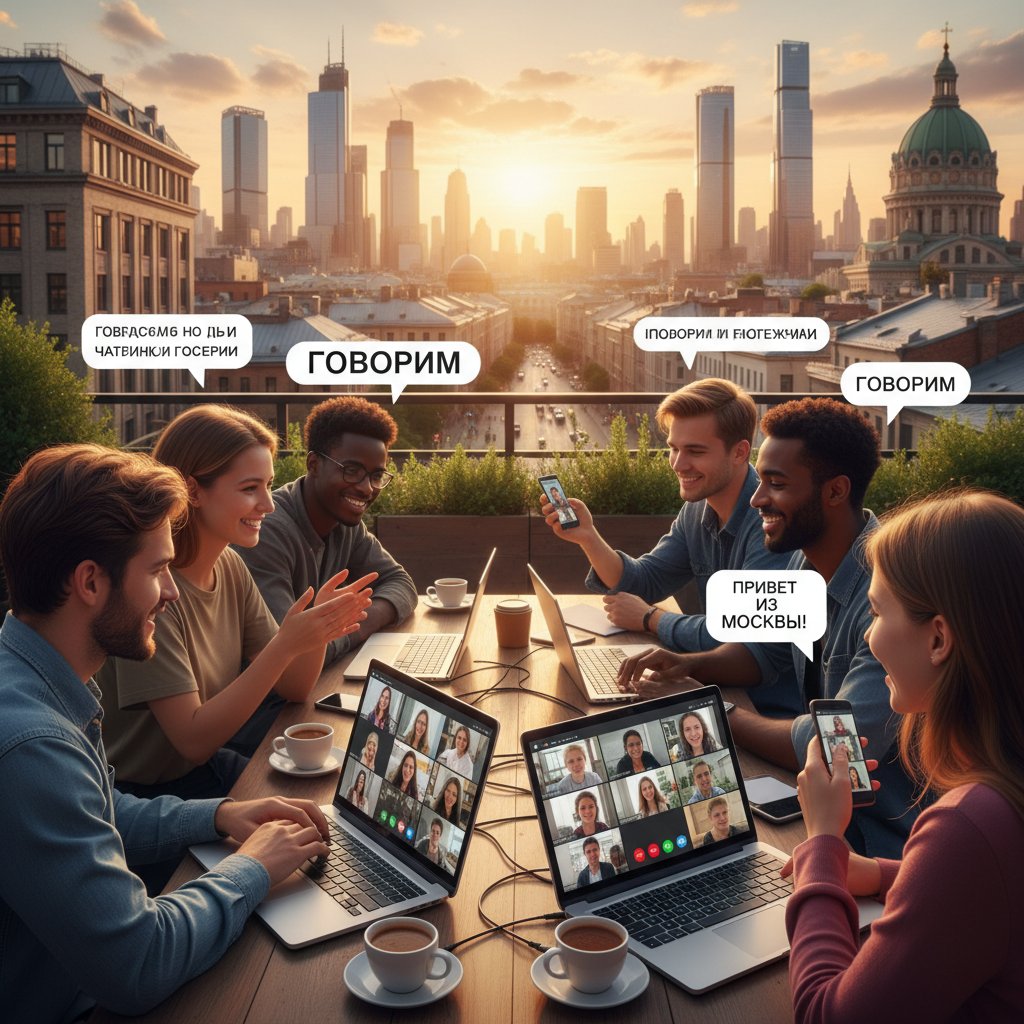 Grupa młodych osób z różnych krajów, komunikujących się po rosyjsku online, różnorodne otoczenie, miejskie tło