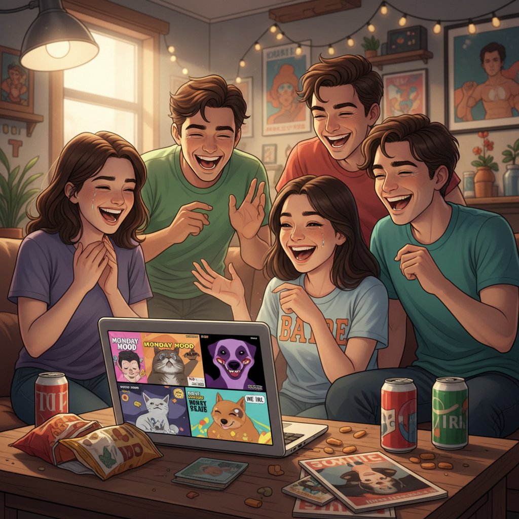 Grupa młodych osób śmiejących się przy komputerach, oglądających polskie memy online